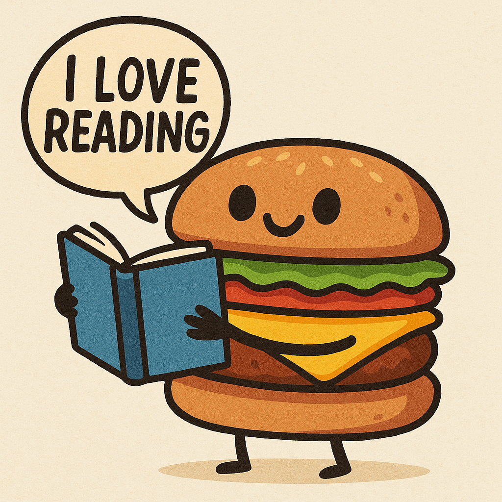 Cute Burger reading saying I Love Reading